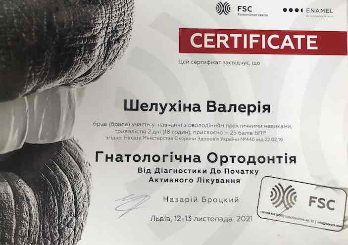 Сертифікат Гнатологія Шелухіна Валерія