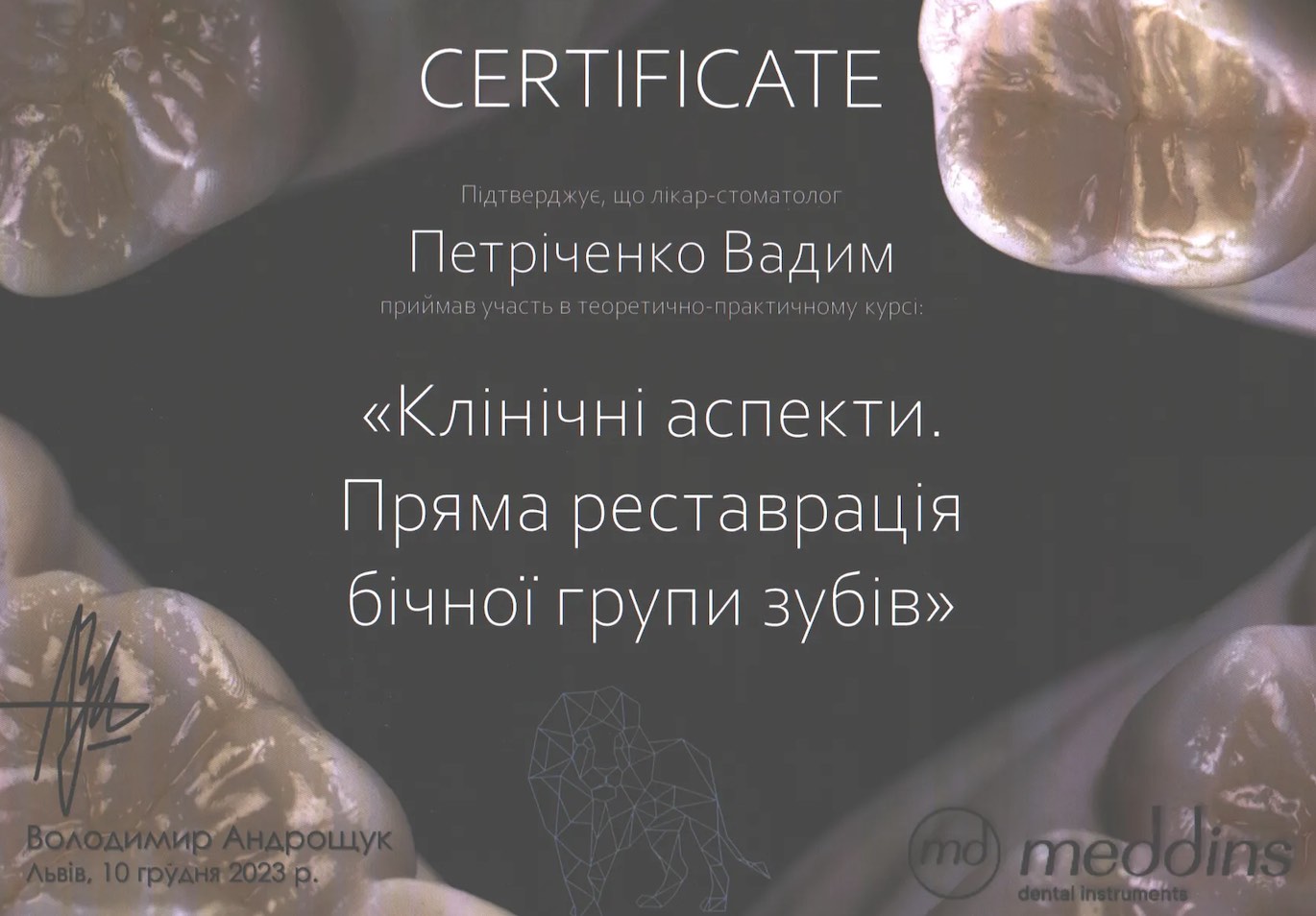 Врач стоматолог эндодонтист Вадим Анатольевич Петриченко DentalKnysh Львов, сертификат 2
