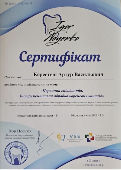 Керестеш Артур Васильевич - сертификат эндодонтия 17