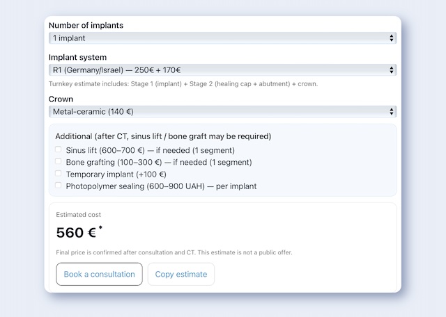 Калькурятор вартості імплантації зубів 2026